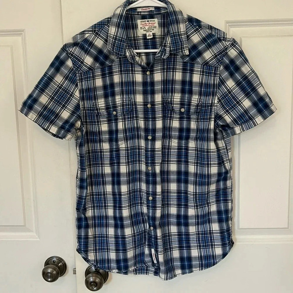 Lucky Brand plaid classic fit shirt size medium blue and white button down - Picture 1 of 6